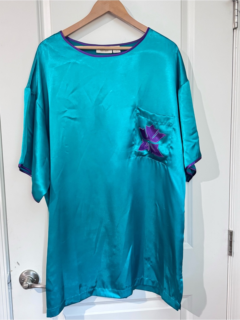 Victoria's Secret Teal Short-Sleeve Satin Tee with Purple Trim